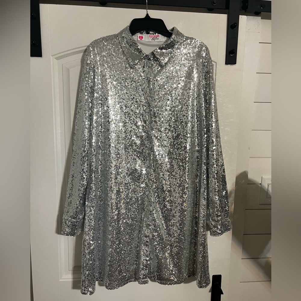Southern Fried Chics Silver Sequin Shirt Dress